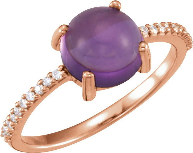 14K Gold Oval Natural Amethyst & Natural Diamond Accented Cabochon Ring - Rose Gold