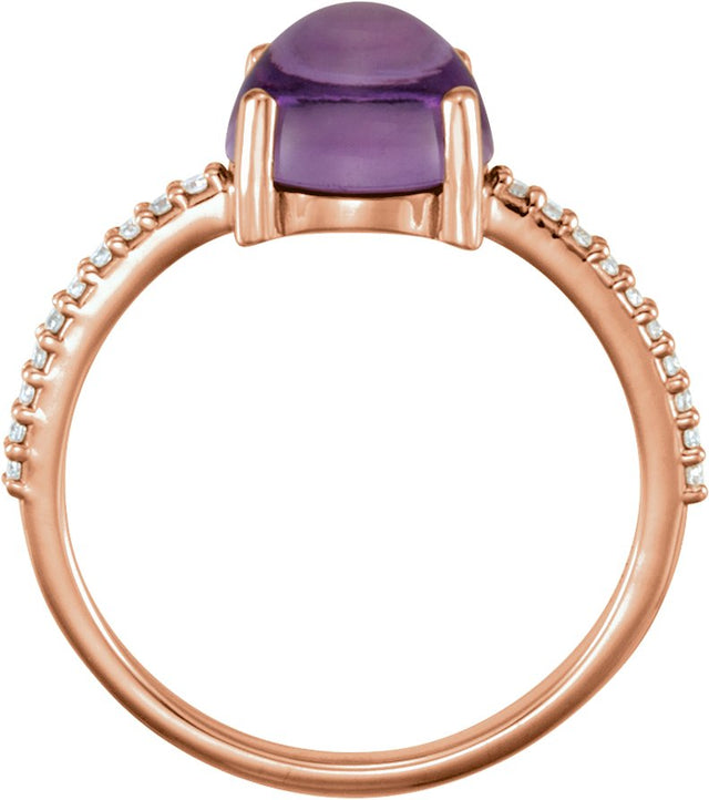 14K Gold Oval Natural Amethyst & Natural Diamond Accented Cabochon Ring - Rose Gold - view 2