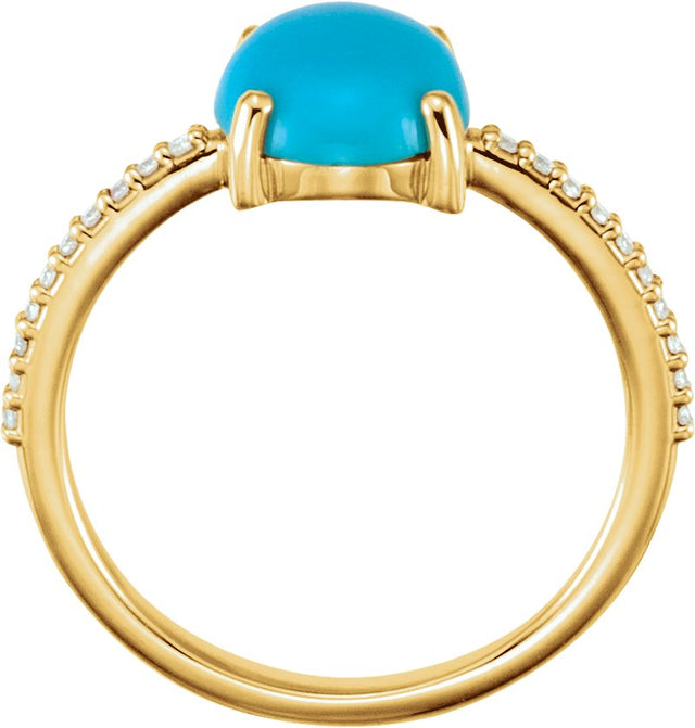 14K Gold Oval Natural Turquoise & Natural Diamond Accented Cabochon Ring - Yellow Gold - view 2
