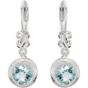 14K Gold Round Natural Aquamarine & Natural Diamond Accented Earrings - view 2