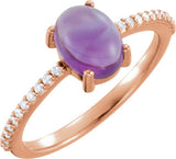 14K Gold Oval Natural Amethyst & Natural Diamond Accented Cabochon Ring - Rose Gold