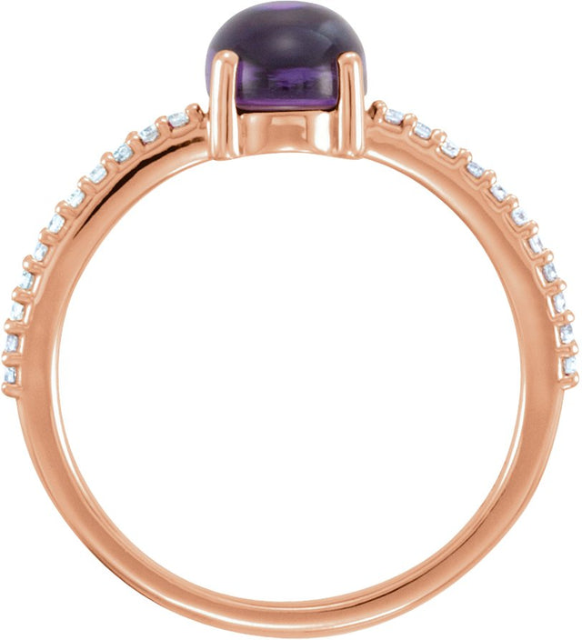 14K Gold Oval Natural Amethyst & Natural Diamond Accented Cabochon Ring - Rose Gold - view 2