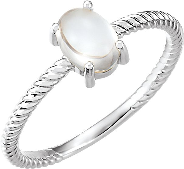 14K Gold Oval Natural Rainbow Moonstone Cabochon Ring - White Gold