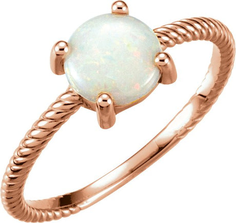 14K Gold Round Natural White Opal Cabochon Ring – 7mm Stones - Rose Gold