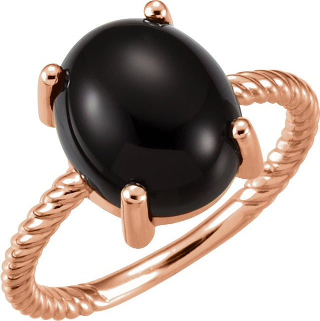 14K Gold Oval Natural Black Onyx Cabochon Ring – 12x10mm - Rose Gold