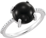 14K Gold Oval Natural Black Onyx & Natural Diamond Accented Cabochon Ring - White Gold