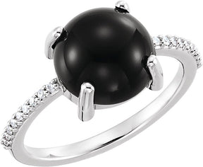 Platinum Oval Natural Black Onyx & Natural Diamond Accented Cabochon Ring