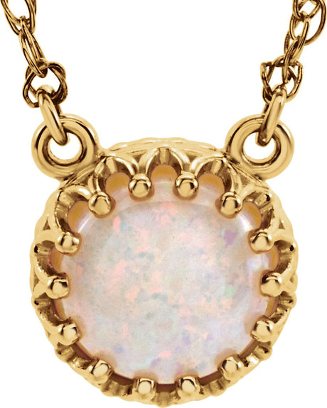 14K Gold Round Natural White Opal Cabochon Crown Necklace - Yellow Gold