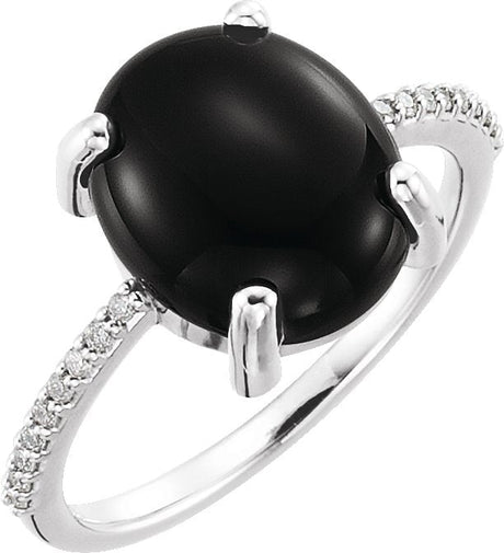 Platinum Oval Natural Black Onyx & Natural Diamond Accented Cabochon Ring