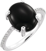 14K Gold Oval Natural Black Onyx & Natural Diamond Accented Cabochon Ring - White Gold