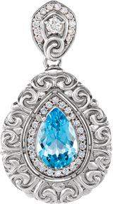 14K Gold Pear Natural Swiss Blue Topaz & Natural Diamond Vintage-Inspired Halo-Style Pendant - White Gold