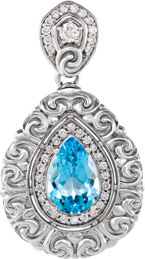Platinum Pear Natural Swiss Blue Topaz & Natural Diamond Vintage-Inspired Halo-Style Pendant