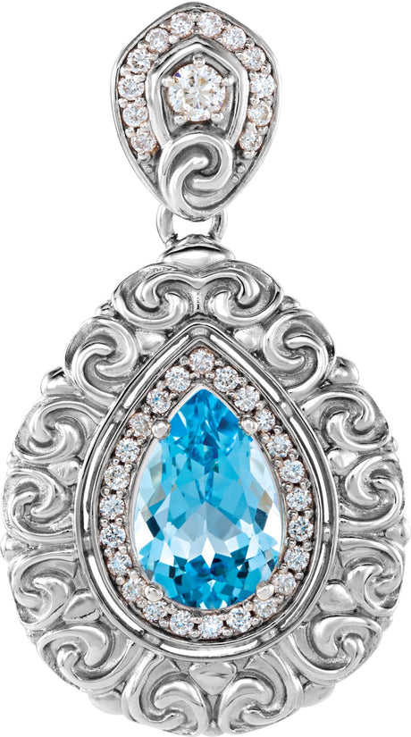Platinum Pear Natural Swiss Blue Topaz & Natural Diamond Vintage-Inspired Halo-Style Pendant