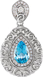Platinum Pear Natural Swiss Blue Topaz & Natural Diamond Vintage-Inspired Halo-Style Pendant