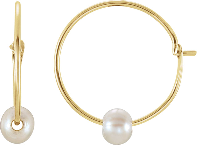 14K Gold Cultured White Freshwater Pearl Youth Pearl Huggie Earrings - Yellow Gold