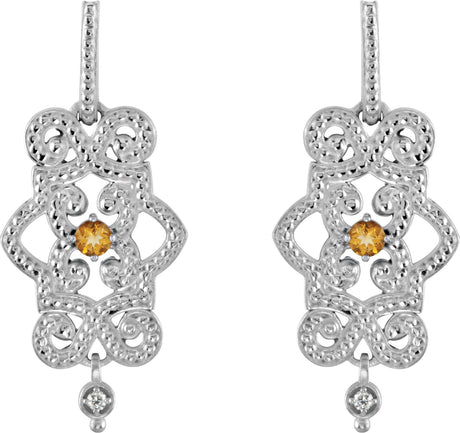 14K Gold Round Natural Citrine & Natural Diamond Granulated Earrings - view 2
