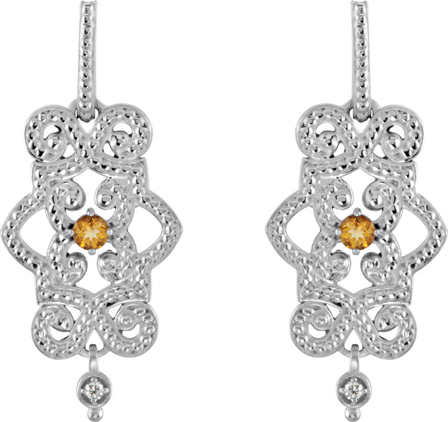 14K Gold Round Natural Citrine & Natural Diamond Granulated Earrings - view 2