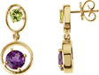 14K Gold Round Natural Amethyst & Natural Peridot Graduated Geometric Earrings