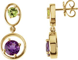 14K Gold Round Natural Amethyst & Natural Peridot Graduated Geometric Earrings