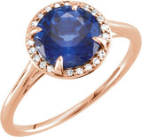14K Gold Round Lab-Grown Blue Sapphire & Natural Diamond Halo-Style Ring - Rose Gold