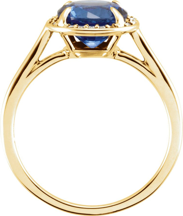 14K Gold Round Lab-Grown Blue Sapphire & Natural Diamond Halo-Style Ring - Yellow Gold - view 2