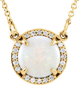14K Gold Round Natural White Opal & Natural Diamond Halo-Style Necklace – 0.05 CTW - Yellow Gold