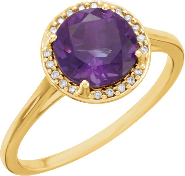 14K Gold Round Natural Amethyst & Natural Diamond Halo-Style Ring - Yellow Gold