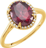 14K Gold Oval Natural Rhodolite Garnet & Natural Diamond Halo-Style Ring - Yellow Gold