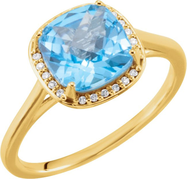 14K Gold Cushion Natural Swiss Blue Topaz & Natural Diamond Halo-Style Ring - Yellow Gold
