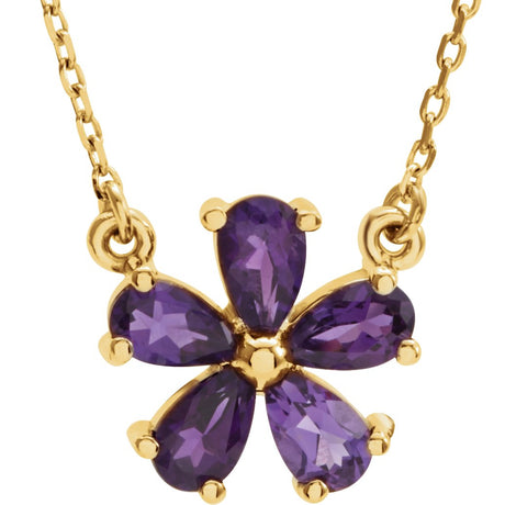 14K Gold Pear Natural Amethyst Flower Necklace - Yellow Gold
