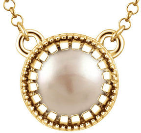 14K Gold Cultured White Freshwater Pearl Milgrain Bezel-Set Birthstone Necklace - Yellow Gold