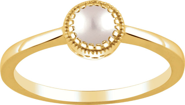 14K Gold Cultured White Freshwater Pearl Milgrain Bezel-Set Solitaire Birthstone Ring - Yellow Gold - view 2