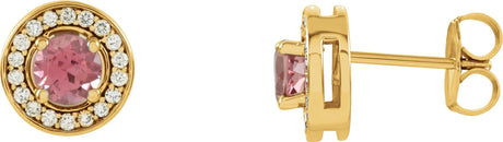 14K Gold Natural Pink Tourmaline & Natural Diamond Round 4-Prong Halo-Style Earrings - Yellow Gold