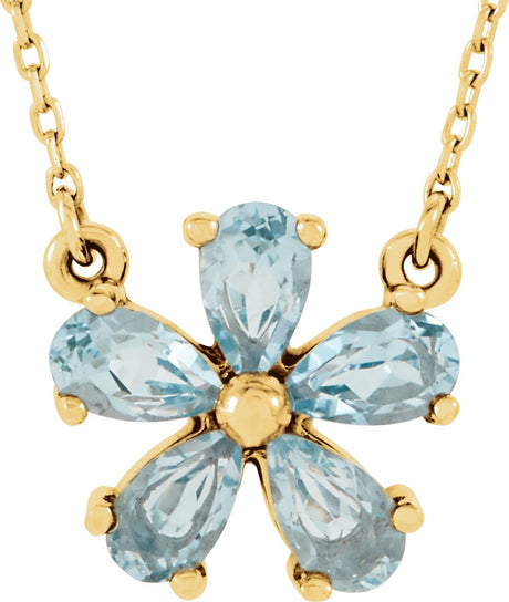 14K Gold Pear Natural Sky Blue Topaz Flower Necklace - Yellow Gold