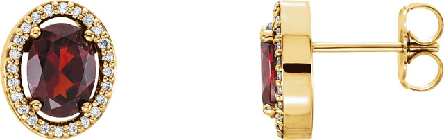 14K Gold Oval Natural Mozambique Garnet & Natural Diamond Halo-Style Earrings – 7x5mm - Yellow Gold