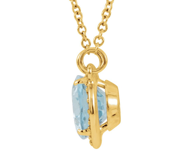 14K Gold Oval Natural Aquamarine Halo-Style Necklace - Yellow Gold - view 4