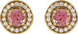 14K Gold Natural Pink Tourmaline & Natural Diamond Round 4-Prong Halo-Style Earrings - Yellow Gold - view 2