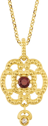 14K Gold Round Natural Mozambique Garnet & Natural Diamond Granulated Necklace or Pendant