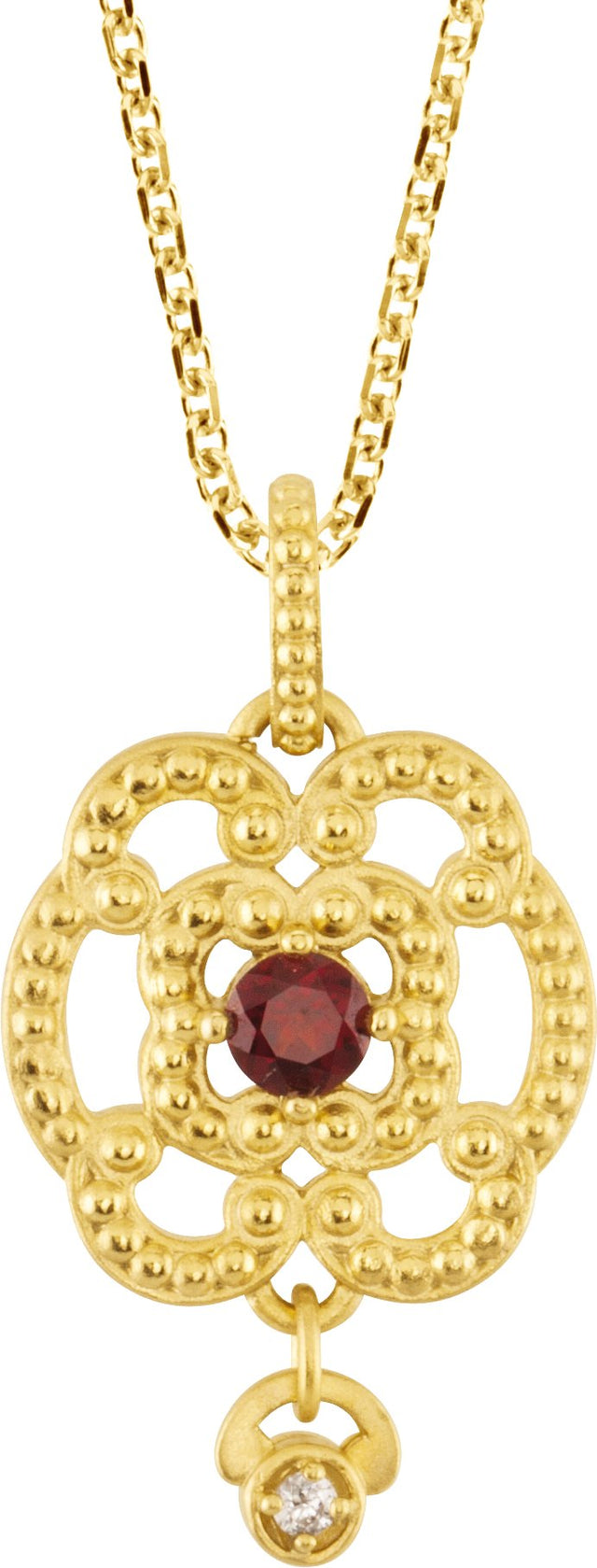 14K Gold Round Natural Mozambique Garnet & Natural Diamond Granulated Necklace or Pendant
