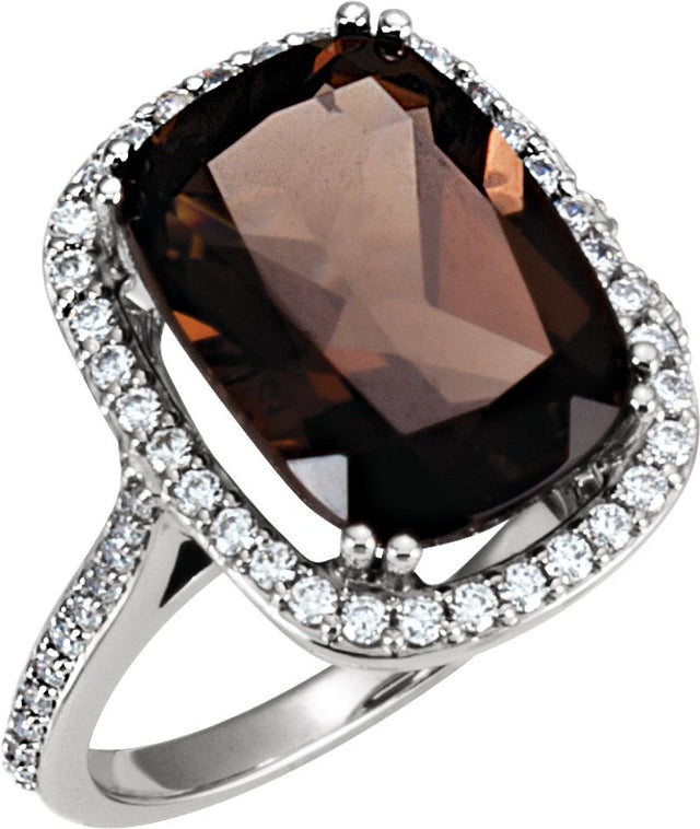 14K Gold Elongated Cushion Natural Smoky Quartz & Natural Diamond Halo-Style Ring - view 3