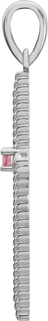 14K Gold Round Natural Pink Tourmaline Rope Cross Pendant - White Gold - view 4