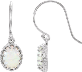 14K Gold Oval Natural White Opal Cabochon Crown Earrings - White Gold