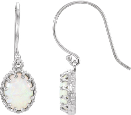 14K Gold Oval Natural White Opal Cabochon Crown Earrings - White Gold