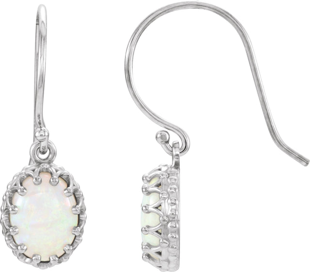 14K Gold Oval Natural White Opal Cabochon Crown Earrings - White Gold