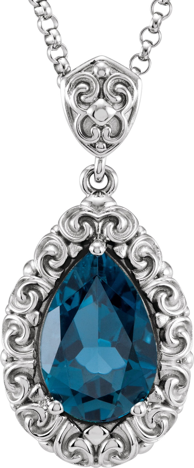 14K Gold Pear Natural London Blue Topaz Sculptural Necklace or Pendant