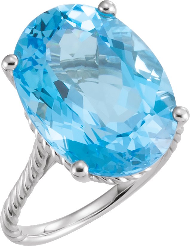14K Gold Oval Natural Swiss Blue Topaz Rope Ring - White Gold