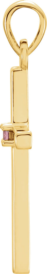 14K Gold Round Natural Pink Tourmaline Birthstone Cross Pendant - Yellow Gold - view 4