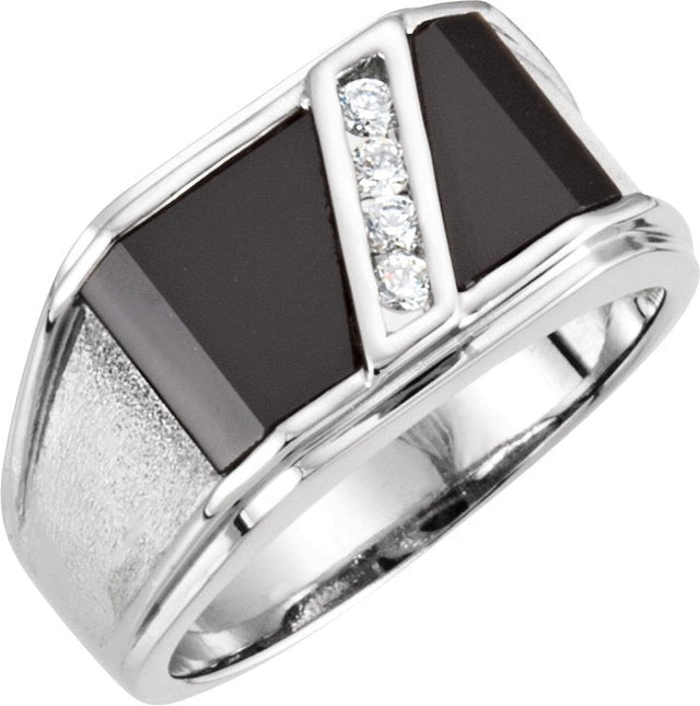 14K Gold Natural Black Onyx & Natural Diamond Accented Ring - White Gold