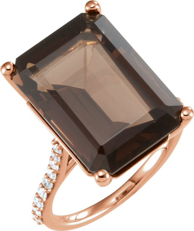 14K Gold Emerald Natural Smoky Quartz & Natural Diamond Accented Ring - Rose Gold