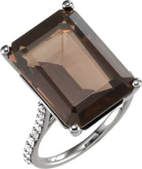 14K Gold Emerald Natural Smoky Quartz & Natural Diamond Accented Ring - White Gold